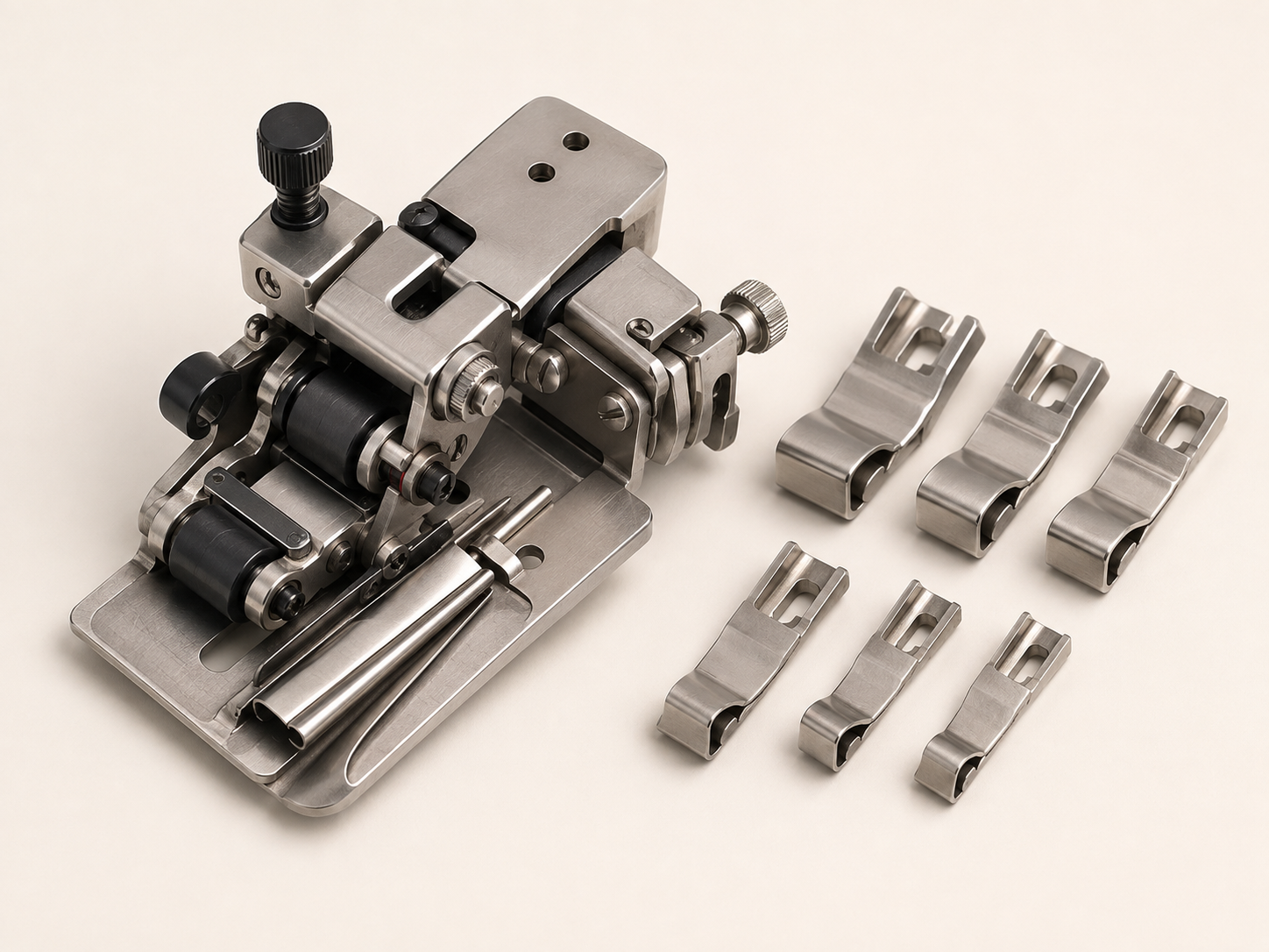 Conceptual modular roller hemming presser foot with interchangeable guides